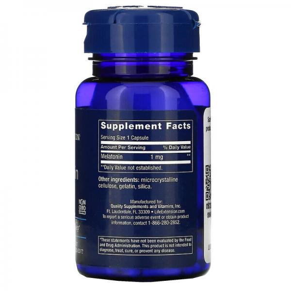 Мелатонин, Melatonin, Life Extension, 1 мг, 60 капсул - Фото 2