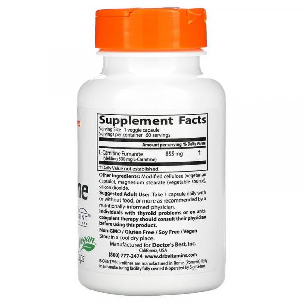 Л-карніитин фумарат, L-Carnitine Fumarate, Doctor's Best, 855 мг. 60 капсул - Фото 2