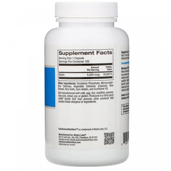 Біотин, Biotin, Lake Avenue Nutrition, 5000 мкг, 120 капсул - Фото 2