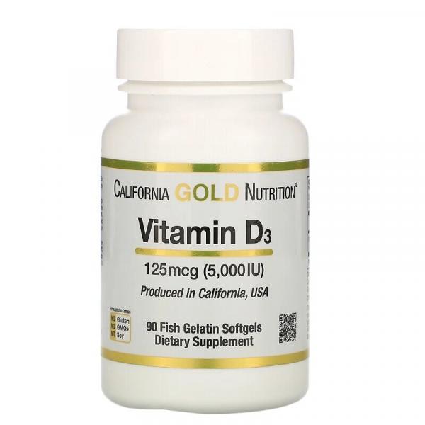 Витамин Д3, Vitamin D3, California Gold Nutrition, 125 мкг (5000 МЕ), 90 рыбно-желатиновых капсул - Фото 1