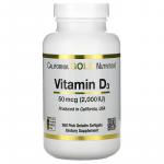 Витамин D3, Vitamin D3, California Gold Nutrition, 50 мкг (2000 МЕ), 360 рыбно-желатиновых капсул - Фото миниатюра 1