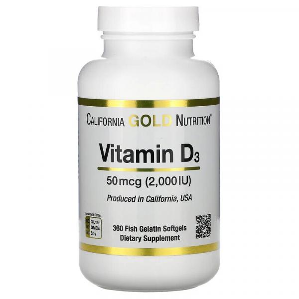 Витамин D3, Vitamin D3, California Gold Nutrition, 50 мкг (2000 МЕ), 360 рыбно-желатиновых капсул - Фото 1
