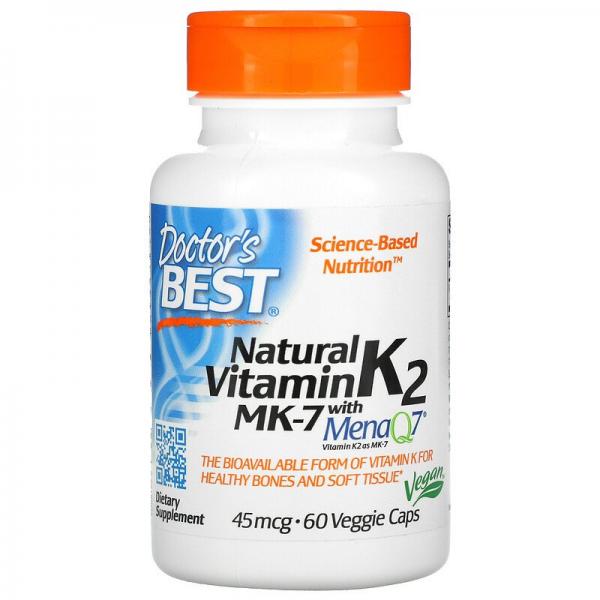 Натуральный витамин K2 MK-7 с MenaQ7, Natural Vitamin K2 MK-7 with MenaQ7,  Doctor's Best, 45 мкг, 60 вегетарианских капсул - Фото 1
