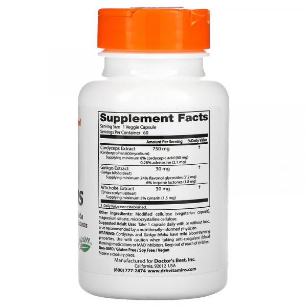 Кордицепс с экстрактом гинкго билоба и артишока, Ultra Cordyceps Plus, Doctor's Best, 60 вегетарианских капсул - Фото 2
