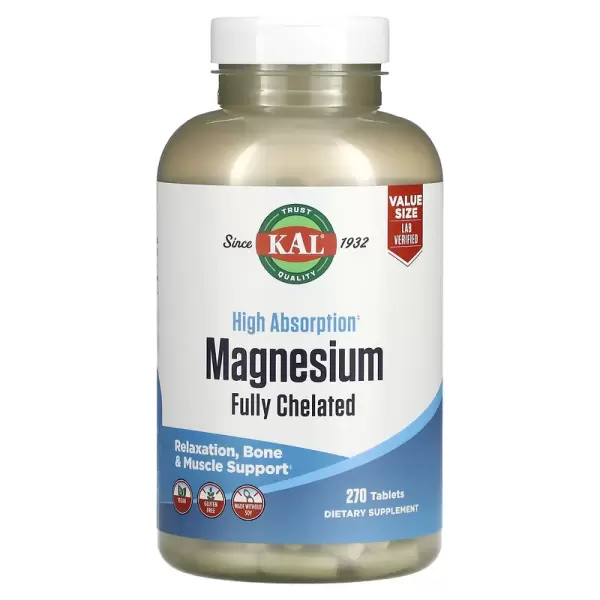 Магний с высокой абсорбцией, полностью хелатный, High Absorption Magnesium Fully Chelated, KAL, 270 таблеток - Фото 1