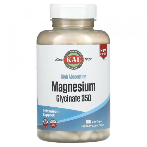 Гліцинат магнію з високою абсорбцією 350, High Absorption Magnesium Glycinate 350, KAL, 160 вегетаріанських капсул - Фото 1