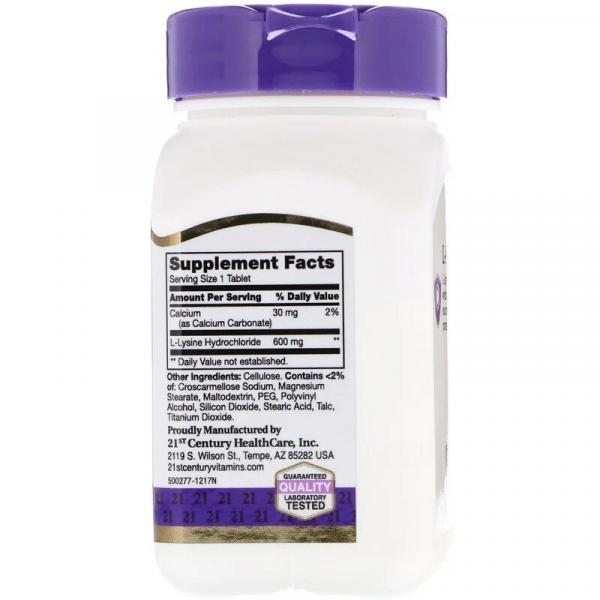 L-лізин, L-Lysine, 21st Century, 600 мг, 90 таблеток - Фото 2