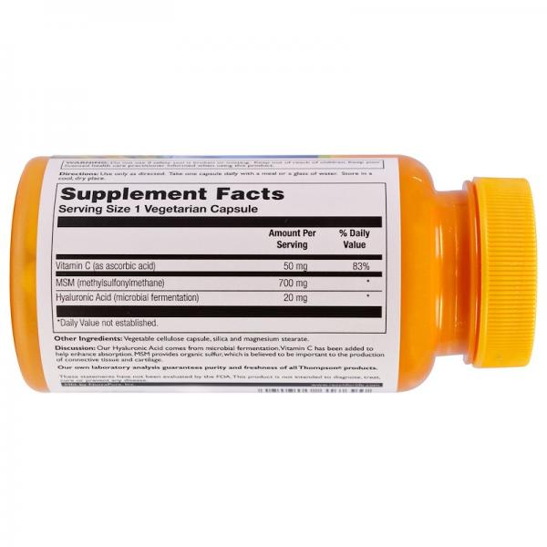 Гиалуроновая кислота и МСМ, Hyaluronic Acid MSM, Thompson, 30 капсул - Фото 2