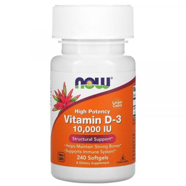 Витамин Д3, High Potency Vitamin D-3, Now Foods, 10000 МЕ, 240 желатиновых капсул - Фото 1
