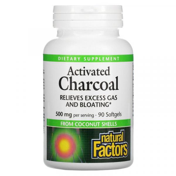 Активированный уголь, Activated Charcoal, Natural Factors, 500 мг, 90 мягких таблеток - Фото 1
