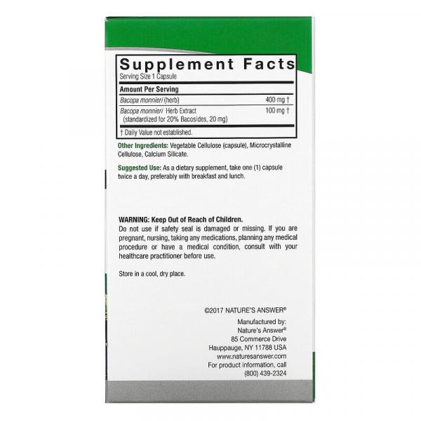 Бакопа, Bacopa, Nature's Answer, 500 мг, 90 вегетарианских капсул - Фото 3