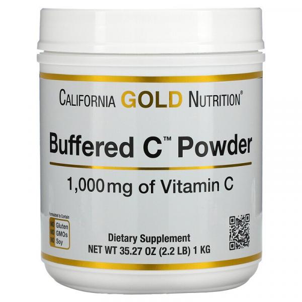 Некислый буферизованный витамин C в форме порошка, Buffered C Powder, California Gold Nutrition, 1000 мг, 1 кг - Фото 1