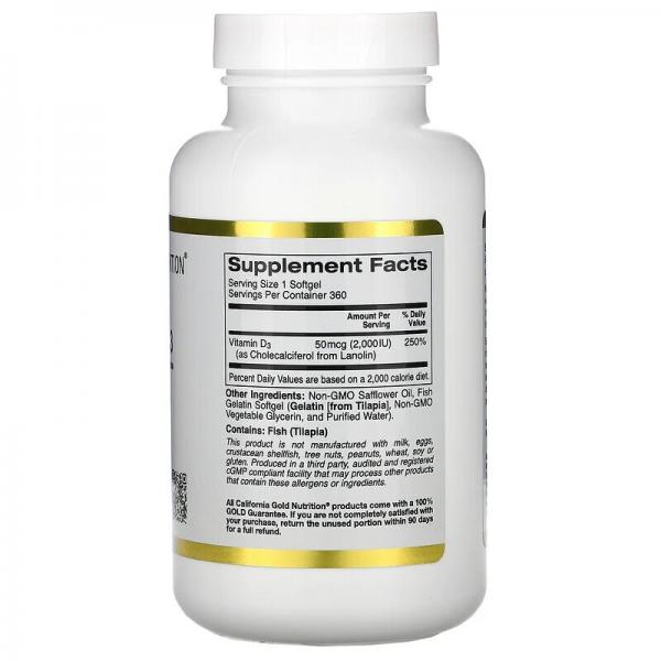 Витамин D3, Vitamin D3, California Gold Nutrition, 50 мкг (2000 МЕ), 360 рыбно-желатиновых капсул - Фото 2