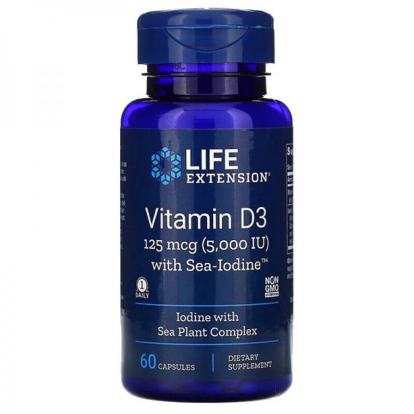 Витамин D3 с йодом, Vitamins D3 with sea-iodine, Life Extension, 125мкг/1000 мкг 60 капсул - Фото 1