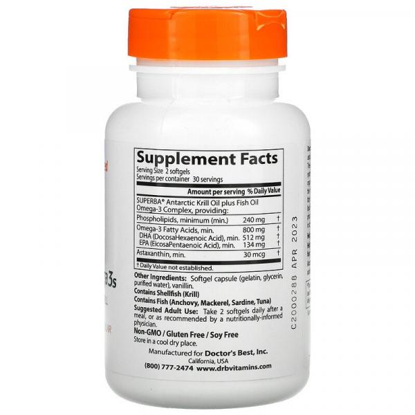 Рыбий жир из криля с DHA и EPA, Real Krill with SuperBA Krill, Doctor's Best, 60 капсул - Фото 2