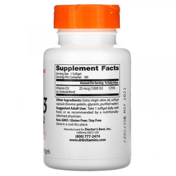 Витамин Д3, Vitamin D3, Doctor's Best, 25 мкг (1000 МЕ), 180 капсул - Фото 2