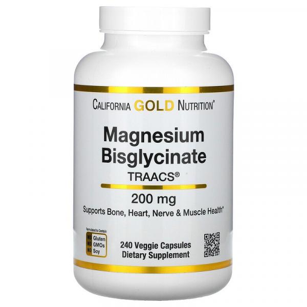 Бисглицинат магния, Magnesium Bisglycinate, California Gold Nutrition, 200 мг, 240 растительных капсул - Фото 1