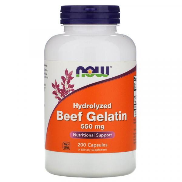 Говяжий желатин, Hydrolyzed Beef Gelatin, Now Foods, 550 мг, 200 капсул - Фото 1