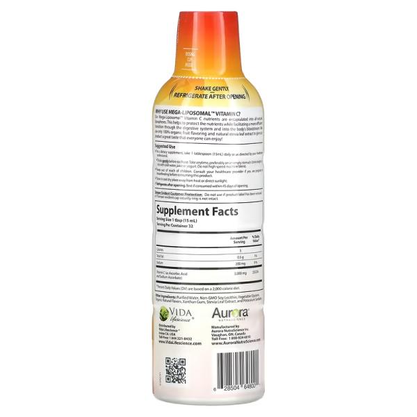 Витамин С, органический фруктовый вкус, Mega-Liposomal Vitamin C Щrganic Аruit, Aurora Nutrascience, 3000 мг, 480 мл - Фото 2