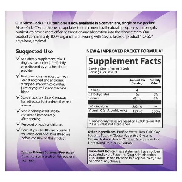 Глутатион, Micro-Pack Glutathione, Aurora Nutrascience, 500 мг, 30 пакетиков по 10 мл - Фото 2