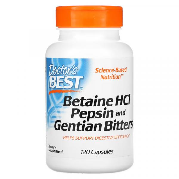Гірка настойка з бетаінгідрохлориду, пепсину та тирличу, Betaine HCl Pepsin and Gentian Bitters, Doctor's Best, 120 капсул - Фото 1