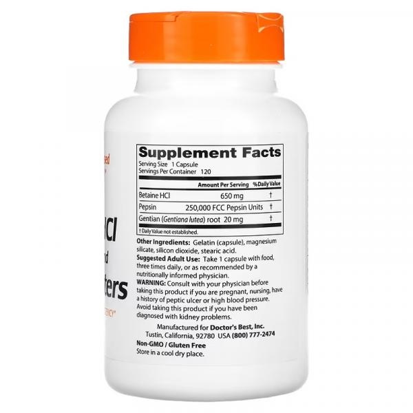 Гірка настойка з бетаінгідрохлориду, пепсину та тирличу, Betaine HCl Pepsin and Gentian Bitters, Doctor's Best, 120 капсул - Фото 2