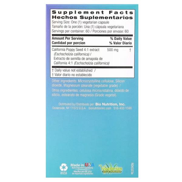 Калифорнийский мак, California Poppy Seed, Bio Nutrition, 500 мг, 60 вегетарианских капсул - Фото 3