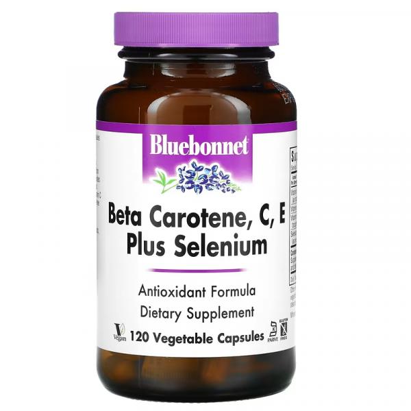 Бета-каротин із вітамінами C, E та селеном, Beta Сarotene, C, E plus Selenium, Bluebonnet Nutrition, 120 рослинних капсул - Фото 1