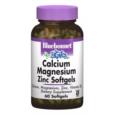 Кальций, магний, цинк, Calcium Magnesium Zinc, Bluebonnet Nutrition, 60 мягких желатиновых капсул