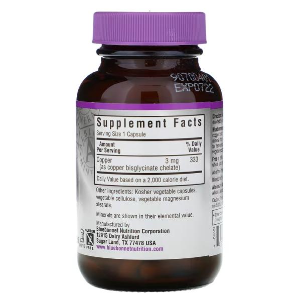 Медь в хелатной форме, Chelated Copper, Bluebonnet Nutrition, 90 растительных капсул - Фото 2