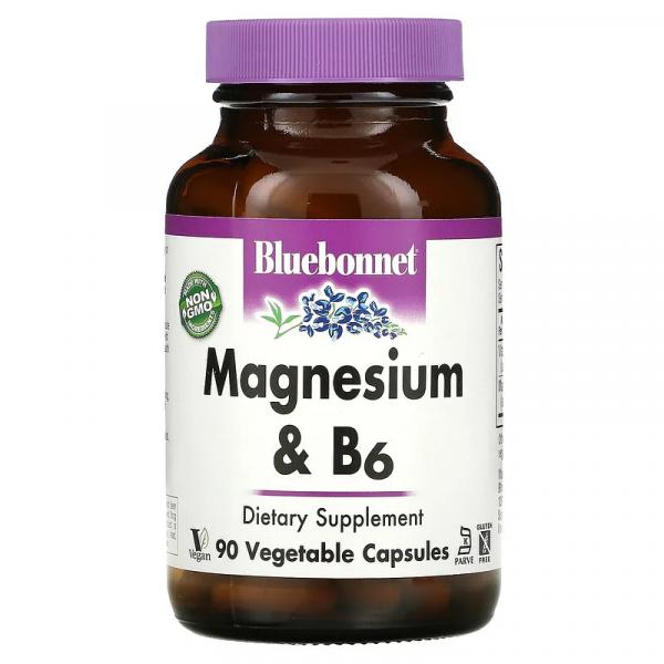 Магний и витамин В-6, Magnesium Plus B6, Bluebonnet Nutrition, 90 капсул   - Фото 1