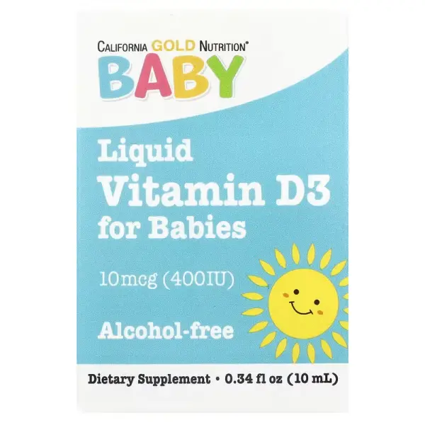 Жидкий витамин Д-3 для детей, Baby Vitamin D3, California Gold Nutrition, в каплях, 400 МО (10 мкг), 10 мл - Фото 1