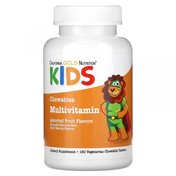 Жувальні мультивітаміни для дітей, зі смаком фруктів, Chewable Multi Vitamin for Children Assorted Fruit Flavors, California Gold Nutrition, 180 вегетаріанських таблеток - Фото 1