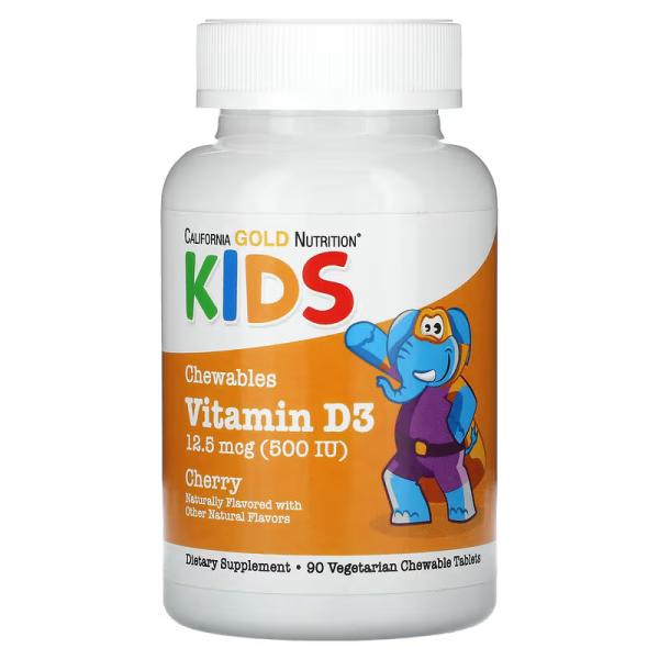 Жувальний вітамін D3 для дітей, зі смаком натуральної вишні, Chewable Vitamin D3 for Children Natural Cherry Flavor, California Gold Nutrition, 12,5 мкг (500 МО), 90 вегетаріанських таблеток - Фото 1