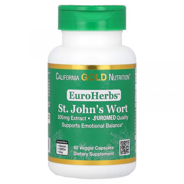 Экстракт зверобоя, St. John's Wort, California Gold Nutrition, EuroHerbs, 300 мг, 60 растительных капсул - Фото 1