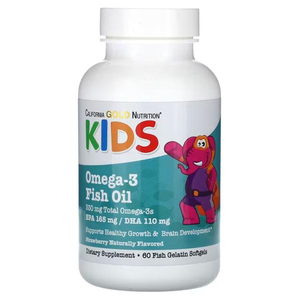 Риб'ячий жир з омега-3 для дітей, натуральний полуничний смак, Kid's Omega-3 Fish Oil Natural Strawberry Flavor, California Gold Nutrition, 60 капсул з риб'ячого желатину - Фото 1