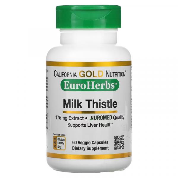 Экстракт расторопши, Milk Thistle Extract, California Gold Nutrition, EuroHerbs, 175 мг, 60 растительных капсул - Фото 1