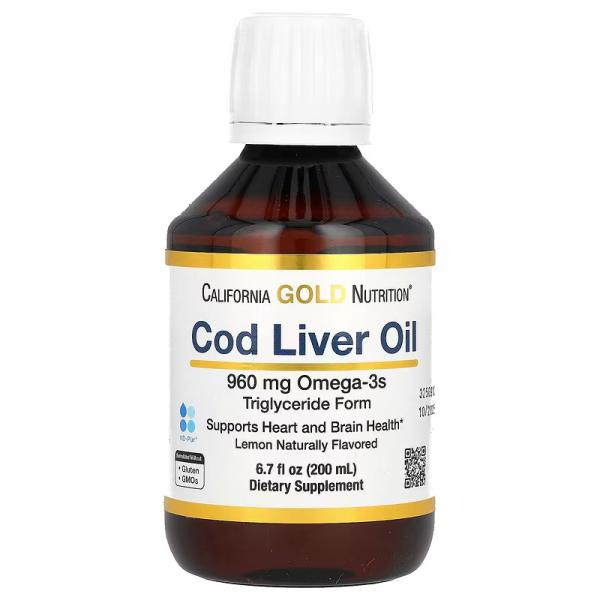 Жидкий жир печени норвежской трески, натуральный лимонный вкус, Norwegian Cod Liver Oil Liquid Natural Lemon- Flavor, California Gold Nutrition, 200 мл - Фото 1