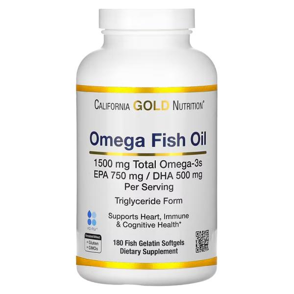 Норвежский рыбий жир с омега-3, с натуральным лимонным вкусом, Norwegian Omega-3 Fish Oil Natural Lemon, California Gold Nutrition, 180 мягких таблеток - Фото 1
