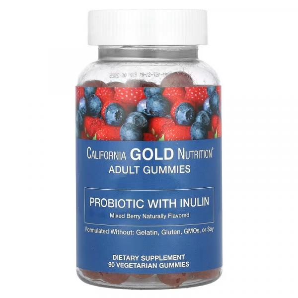 Пребіотик з інуліном, натуральний змішаний ягідний смак, Prebiotic with Inulin Gummies Natural Mixed Berry Flavor, California Gold Nutrition, 90 вегетаріанських жувальних таблеток - Фото 1