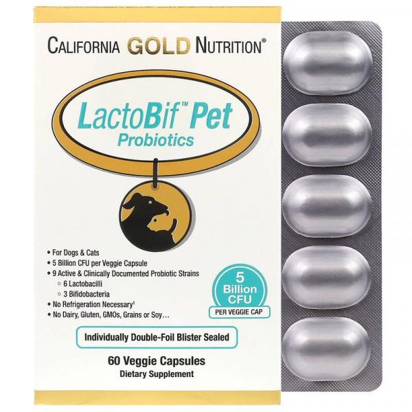 Пробиотики для котов и собак, LactoBif Pet, 5 млрд КОЕ, California Gold Nutrition, 60 капсул - Фото 1