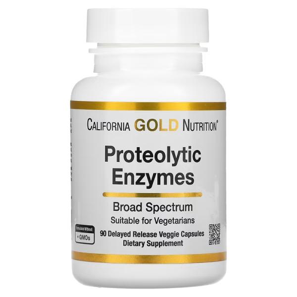Протеолитические ферменты широкого спектра, Proteolytic Enzymes, California Gold Nutrition, 90 растительных капсул с отсроченным высвобождением - Фото 1