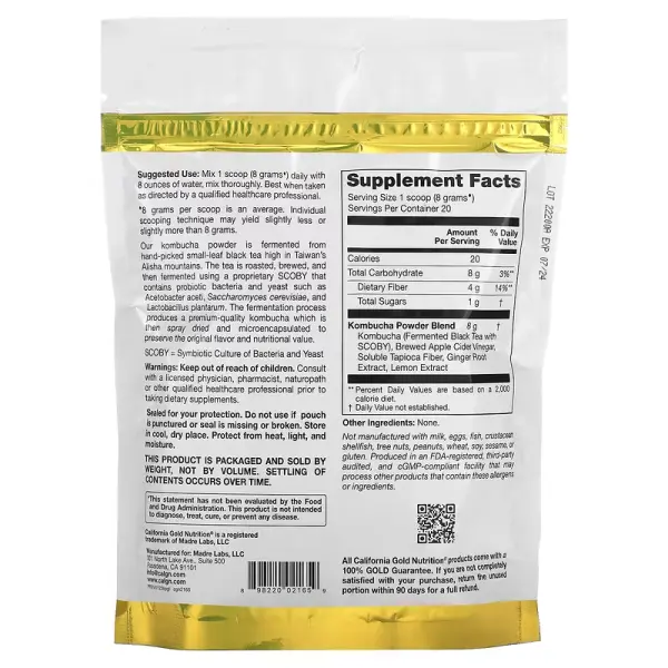 Комбуча в порошку, імбир і лимон, Superfoods Kombucha Powder Ginger Lemon, California Gold Nutrition, 160 г (5,64 унції) - Фото 2