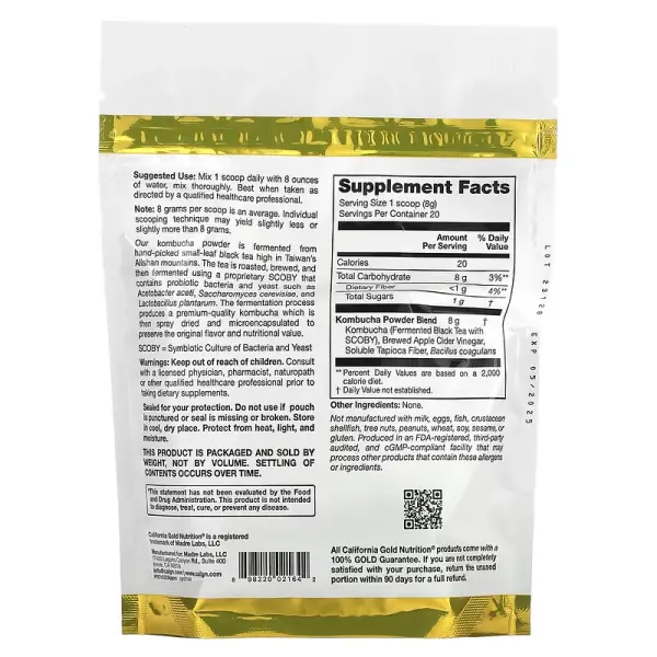 Комбуча з пробіотиками в порошку, Superfoods, Kombucha Powder Plus Probiotics, California Gold Nutrition, 160 г (5,64 унції) - Фото 2