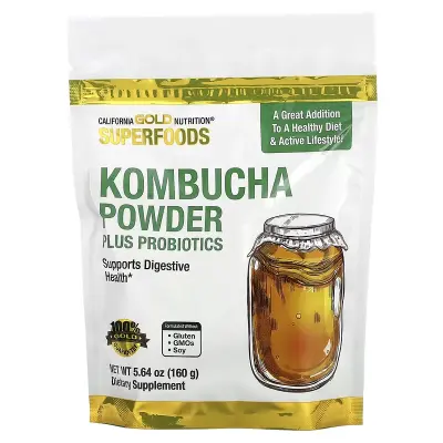 Комбуча с пробиотиками в порошке, Superfoods, Kombucha Powder Plus Probiotics, California Gold Nutrition, 160 г (5,64 унции)