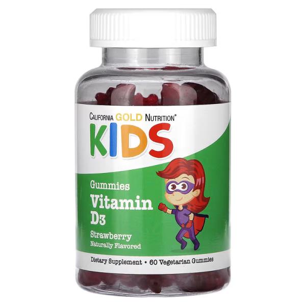 Витамин D3 для детей, без желатина, натуральная клубника, Vitamin D3 for Children Natural Strawberry, California Gold Nutrition, 60 вегетарианских жевательных таблеток - Фото 1