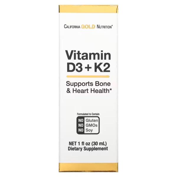 Витамины D3 и K2, Vitamin D3 & K2, California Gold Nutrition, 25 мкг (1000 МЕ), 30 мл - Фото 1