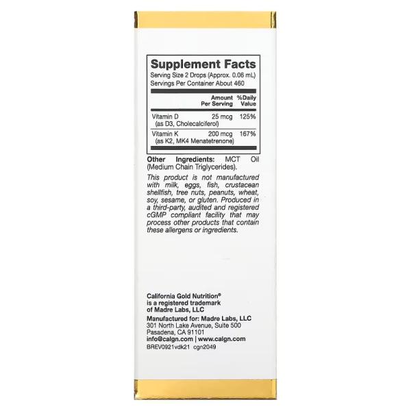 Витамины D3 и K2, Vitamin D3 & K2, California Gold Nutrition, 25 мкг (1000 МЕ), 30 мл - Фото 2
