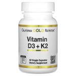 Витамины D3 и К2, Vitamin D3 + K2, California Gold Nutrition, 60 растительных капсул - Фото миниатюра 1
