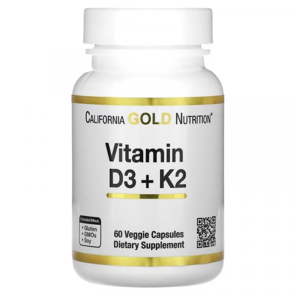 Витамины D3 и К2, Vitamin D3 + K2, California Gold Nutrition, 60 растительных капсул - Фото 1
